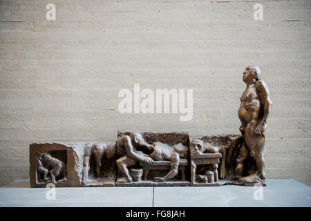 Hanover, Germany. 16th Feb, 2016. The 'Haarmann Frieze' by Austrian sculptor Alfred Hrdlicka can be seen in the Sprengel Museum in Hanover, Germany, 16 February 2016. The 'Haarmann Frieze' about the serial murderer Fritz Harrmann has been kept in the Sprengel Museum depot since 1992. Because of a musical about the murderer Haarmann at the Schauspiel Hannover theater, the museum has decided to display the sculpture again. Haarmann was executed in 1925 for the murder of 24 boys and young men in Hanover. Photo: JULIAN STRATENSCHULTE/dpa/Alamy Live News Stock Photo
