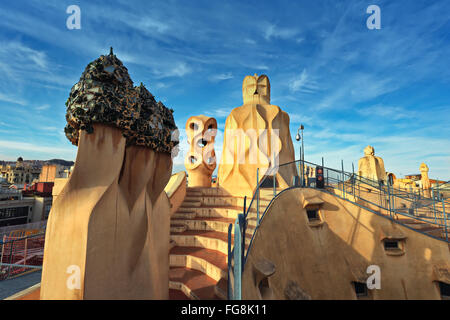 Gaudi project. Rooftop and Terrace of the Casa Mila (also known as La Pedrera) Stock Photo
