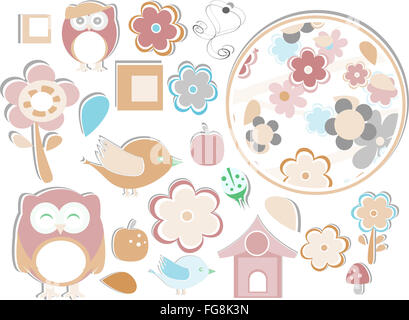 Set of elements - owls, birds, flowers, apple, mushrooms, butterflies, ladybugs etc. Stock Photo