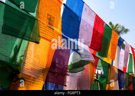 Tibetan prayer flags in Sarnath Temple, Varanasi, Uttar Pradesh, India Stock Photo