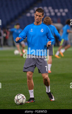 Rome, Italy. 17th Feb, 2016. Cristiano Ronaldo of Real Madrid warms up before the UEFA Champions League football match AS Roma vs Real Madrid on Frebruary 17, 2016 at the Olympic stadium in Rome  Credit:  marco iorio/Alamy Live News Stock Photo