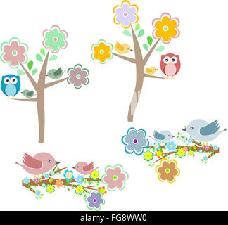 Set of autumn nature elements: owls and birds on branches Stock Photo