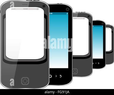 Photo-realistic illustration of different colored smart phones with screen Stock Photo