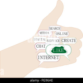 Illustration of the thumbs up symbol, which is composed of text keywords on like themes Stock Photo