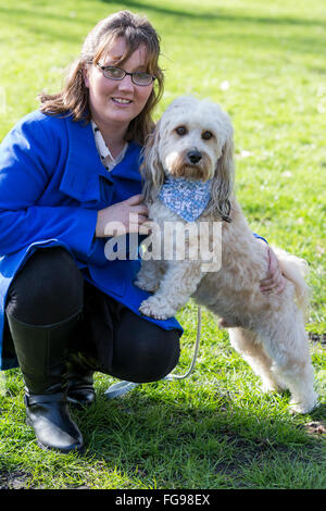 London, UK. 18 February 2016. Teddy Bear, Lhasa Apso cross, has helped Louise Jacobs from Colchester, Essex, to get her independence back. The Crufts 2016 Dog Heroes finalists have been revealed by the Kennel Club. The annual Eukanuba Friends for Life competition run by the Kennel Club celebrates inspiring stories of canine companionship in the face of adversity. © Vibrant Pictures/Alamy Live News Stock Photo