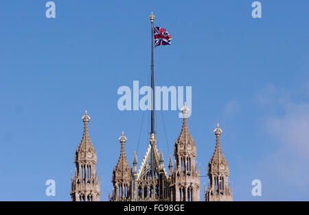 The Union Flag flies over the Houses of Parliament in London February 18, 2016. Copyright photograph John Voos Stock Photo