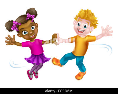 Two cartoon kids, a white boy and a black girl, dancing Stock Photo