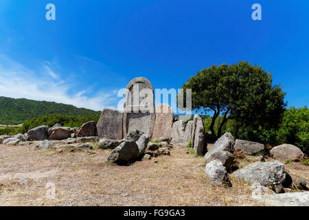 geography / travel, Italy, Sardinia, Tomba dei Giganti s'Ena e Tomes, Giant's grave of the nuraghi, exedra with portal stela, Additional-Rights-Clearance-Info-Not-Available Stock Photo