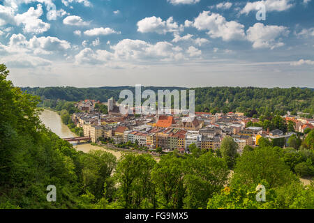 geography / travel, Bavaria, Wasserburg am Inn, row of houses in the old town, with so called Nasenschild (traditional signboard), Additional-Rights-Clearance-Info-Not-Available Stock Photo