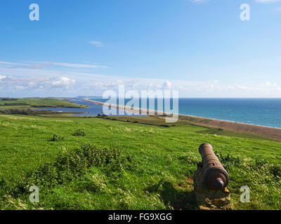 Dorset Chesil beach Abbotsbury Fleet Lagoon and the Isle of Portland on the Jurassic Coast a UNESCO World Heritage Site Stock Photo