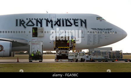Cardiff, UK. 18th February, 2016.  Ed Force One -  the Boeing 747 jet Iron Maiden are using on their Book of Souls World tour on the runway at Cardiff airport today being loaded up, before taking off tomorrow for the bands World Tour. Credit:  Phil Rees/Alamy Live News Stock Photo
