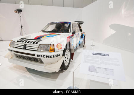 ExCel, London, UK. 18th February, 2016. The Pinnacle of Rallying, the London Classic Car Show displays six epic Group B cars, presented by rally legend Ari Vatanen. The Group B cars were outlawed by FIA President Jean-Marie Baluster at the end of 1986 due to a series of accidents and, as a result, these cars have taken on legendary status. The display cars are the Lancia 037, Lancia Delta S4, Audi Quattro, Peugeot 205 T16, Ford RS200 and MG Metro 6R4. Credit:  Malcolm Park editorial/Alamy Live News Stock Photo