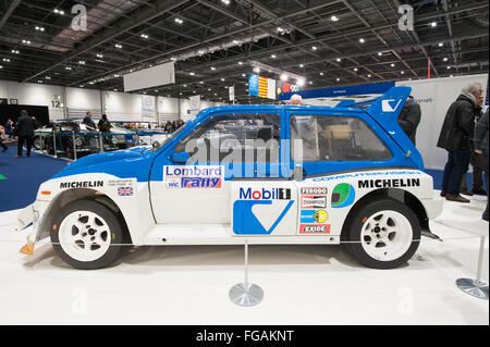 ExCel, London, UK. 18th February, 2016. The Pinnacle of Rallying, the London Classic Car Show displays six epic Group B cars, presented by rally legend Ari Vatanen. The Group B cars were outlawed by FIA President Jean-Marie Baluster at the end of 1986 due to a series of accidents and, as a result, these cars have taken on legendary status. The display cars are the Lancia 037, Lancia Delta S4, Audi Quattro, Peugeot 205 T16, Ford RS200 and MG Metro 6R4. Credit:  Malcolm Park editorial/Alamy Live News Stock Photo