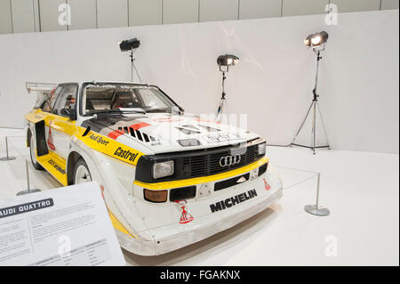 ExCel, London, UK. 18th February, 2016. The Pinnacle of Rallying, the London Classic Car Show displays six epic Group B cars, presented by rally legend Ari Vatanen. The Group B cars were outlawed by FIA President Jean-Marie Baluster at the end of 1986 due to a series of accidents and, as a result, these cars have taken on legendary status. The display cars are the Lancia 037, Lancia Delta S4, Audi Quattro, Peugeot 205 T16, Ford RS200 and MG Metro 6R4. Credit:  Malcolm Park editorial/Alamy Live News Stock Photo