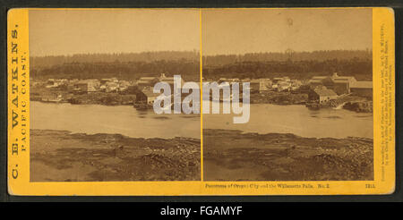 Panorama of Oregon City and Willamette Falls, by Watkins, Carleton E., 1829-1916 Stock Photo