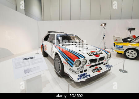 ExCel, London, UK. 18th February, 2016. The Pinnacle of Rallying, the London Classic Car Show displays six epic Group B cars, presented by rally legend Ari Vatanen. The Group B cars were outlawed by FIA President Jean-Marie Baluster at the end of 1986 due to a series of accidents and, as a result, these cars have taken on legendary status. The display cars are the Lancia 037, Lancia Delta S4, Audi Quattro, Peugeot 205 T16, Ford RS200 and MG Metro 6R4. Credit:  Malcolm Park editorial/Alamy Live News Stock Photo