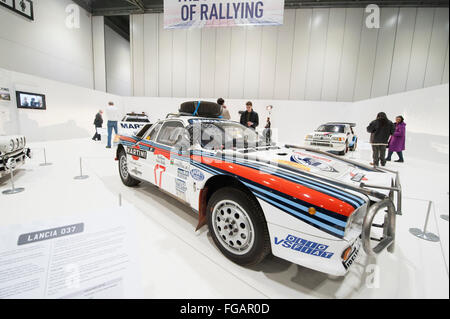 ExCel, London, UK. 18th February, 2016. The Pinnacle of Rallying, the London Classic Car Show displays six epic Group B cars, presented by rally legend Ari Vatanen. The Group B cars were outlawed by FIA President Jean-Marie Baluster at the end of 1986 due to a series of accidents and, as a result, these cars have taken on legendary status. The display cars are the Lancia 037, Lancia Delta S4, Audi Quattro, Peugeot 205 T16, Ford RS200 and MG Metro 6R4. Credit:  Malcolm Park editorial/Alamy Live News Stock Photo