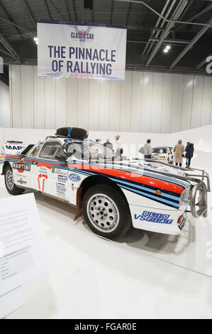 ExCel, London, UK. 18th February, 2016. The Pinnacle of Rallying, the London Classic Car Show displays six epic Group B cars, presented by rally legend Ari Vatanen. The Group B cars were outlawed by FIA President Jean-Marie Baluster at the end of 1986 due to a series of accidents and, as a result, these cars have taken on legendary status. The display cars are the Lancia 037, Lancia Delta S4, Audi Quattro, Peugeot 205 T16, Ford RS200 and MG Metro 6R4. Credit:  Malcolm Park editorial/Alamy Live News Stock Photo