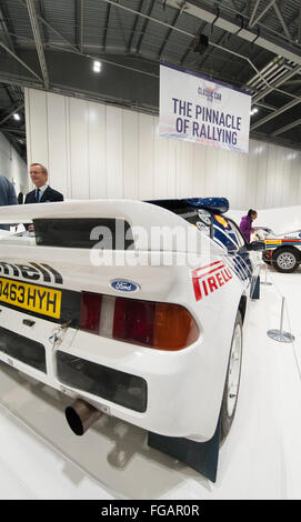 ExCel, London, UK. 18th February, 2016. The Pinnacle of Rallying, the London Classic Car Show displays six epic Group B cars, presented by rally legend Ari Vatanen (seen here during interview). The Group B cars were outlawed by FIA President Jean-Marie Baluster at the end of 1986 due to a series of accidents and, as a result, these cars have taken on legendary status. The display cars are the Lancia 037, Lancia Delta S4, Audi Quattro, Peugeot 205 T16, Ford RS200 and MG Metro 6R4. Credit:  Malcolm Park editorial/Alamy Live News Stock Photo