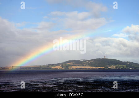 Rainbow over Strangford Lough sea loch inlet county Down shower showery weather RM Ireland Stock Photo