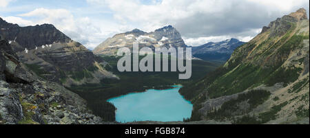 Panoramic view of beautiful, remote Lake O'Hara and Mount Odoray in the background, in Yoho National Park, near Field, British C Stock Photo