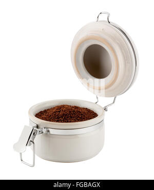 Open Coffee Canister with Metal Clamp. The image is a cut out, isolated on a white background. Stock Photo