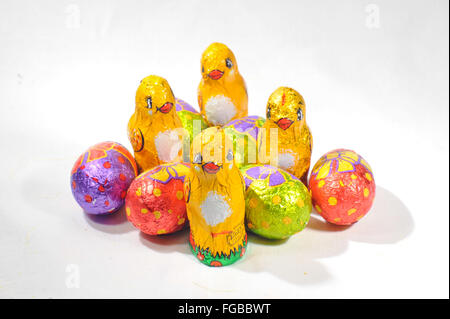 an Easter chick with Easter eggs Stock Photo