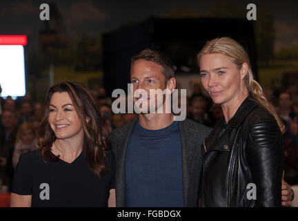 Suzi Perry, Jenson Button and Jodie Kidd pose for the press,  after the Classic  Six Nations Cup Opening Ceremony Stock Photo