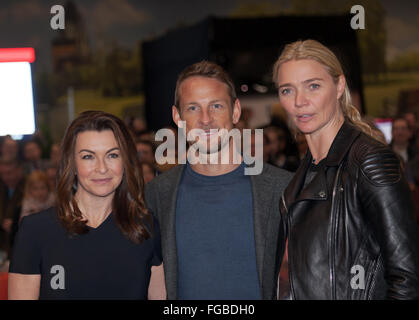 Suzi Perry, Jenson Button and Jodie Kidd pose for the press,  after the Classic Six Nations Cup Opening Ceremony on media day at the London Classic Car Show 2016 Stock Photo