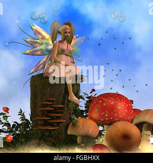 A swarm of fireflies fly around Fairy Faeryl in a magical forest full of large mushrooms. Stock Photo