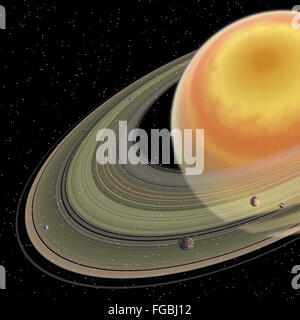 Saturn is the sixth planet in our solar system and has planetary rings with 150 moons. Stock Photo