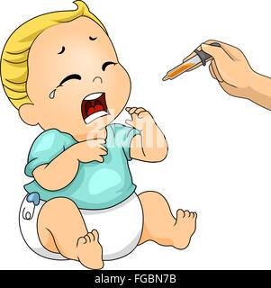 Illustration of a Crying Baby Refusing to Take His Medicine Stock Photo