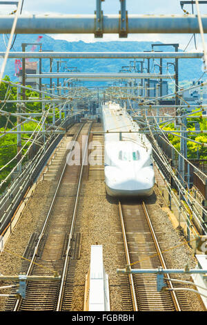Front of high bullet train approaching directly head on with two railroad tracks centered and symmetrical seen from above
