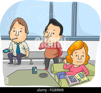 Illustration of Smokers Taking a Break in the Smoking Room Stock Photo