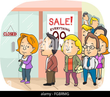 Illustration of a Long Line Outside a Mall Having a Sale Stock Photo