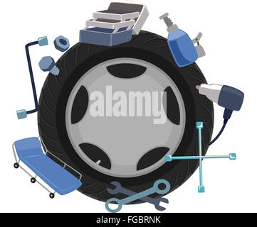 Illustration of a Wheel Surrounded by Mechanical Tools Stock Photo