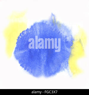 ink yellow  blue abstract watercolor blot splash watercolour isolated on white background Stock Photo