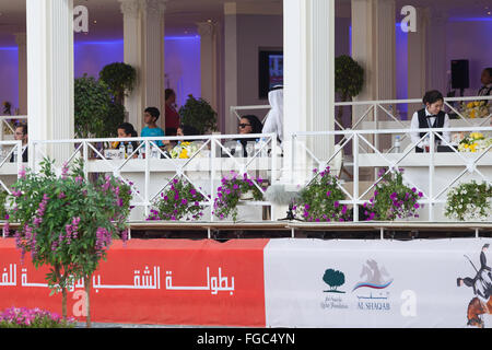 Sheikha Mozah attending CHI Al Shaqab 2014, in the VIP area at Al-Shaqab Equestrian Centre, Doha, Qatar Stock Photo