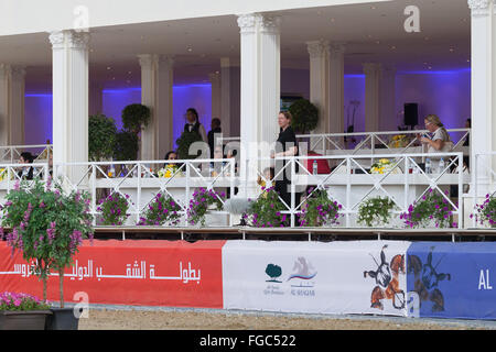 Sheikha Mozah attending CHI Al Shaqab 2014, in the VIP area at Al-Shaqab Equestrian Centre, Doha, Qatar Stock Photo