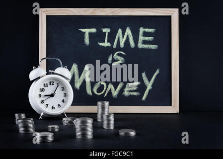 Vintage alarm clock showing 5 o'clock and coin towers with chalckboard and 'time is money' text on black background.