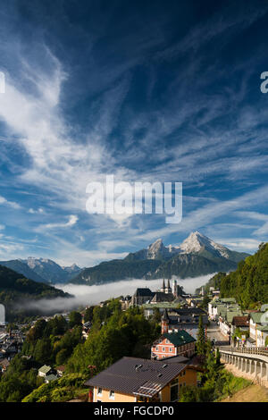 View of town, Watzmann behind, Berchtesgaden, Berchtesgadener Land, Upper Bavaria, Bavaria, Germany Stock Photo