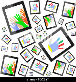 hands on tablet touch computer set on white background Stock Photo