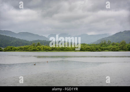 Elter Water with view towards the Langdale Pikes, Cumbria. Stock Photo