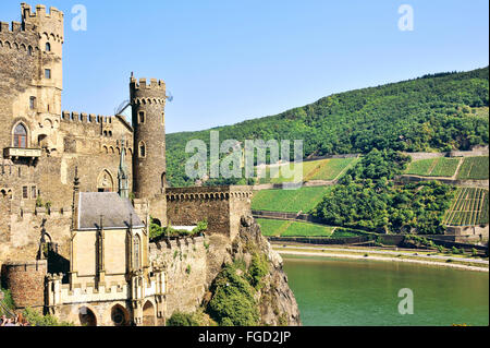 Rheinstein Castle above the Rhine near the town of Trechtingshausen and terraced vines, Upper Middle Rhine Valley, Germany Stock Photo
