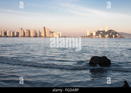 Gonzaguinha beach and Ilha Porchat, Sao Vicente Stock Photo