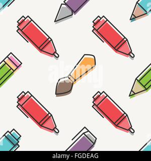 seamless pattern with colorful drawing tools ornament over white background. vector graphic design accessories wallpaper. pen, b Stock Vector