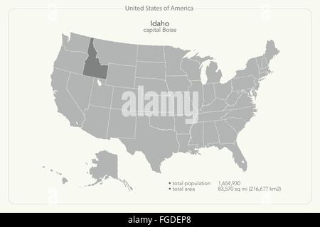 United States of America isolated map and Idaho State territory. vector USA political map. geographic background design Stock Vector