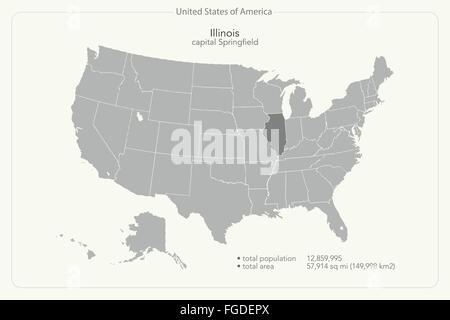 United States of America isolated map and Illinois State territory. vector USA political map. geographic banner design Stock Vector