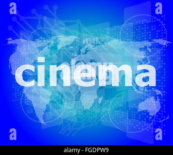 cinema word on digital screen with world map Stock Photo