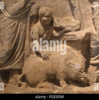 Votive relief. Sacrifice to Demeter (Ceres) and Core (Proserpine). 340-230 BC. Eleusis. Greece. Detail children with wild pig. Stock Photo